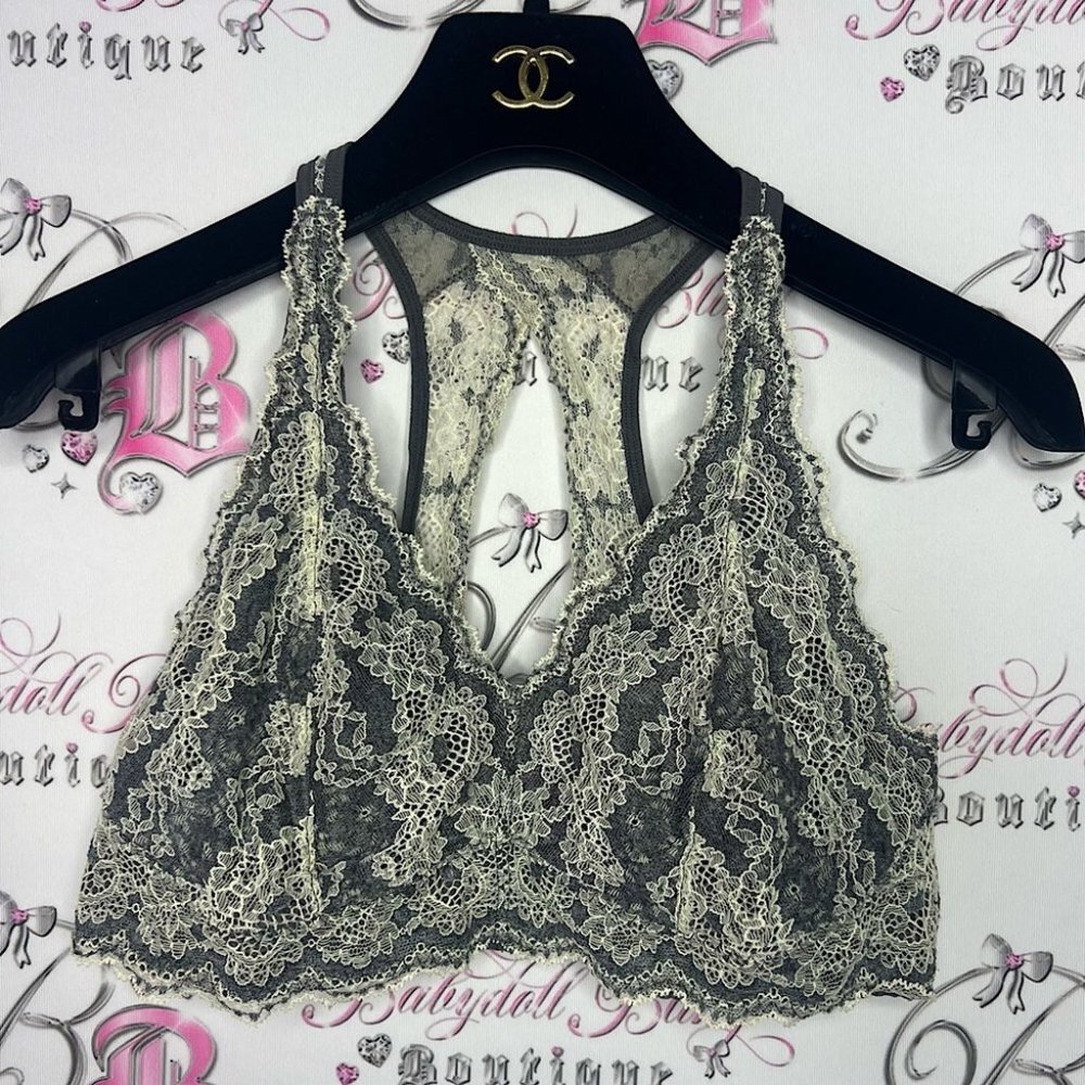 Felina lace bra grey cream floral bralette stretchy boho hippie sexy cute
